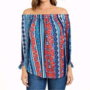 New! STUDIO JPR Size Med Colorful Floral Off Shoulder Crepe Boho Vacation Blouse